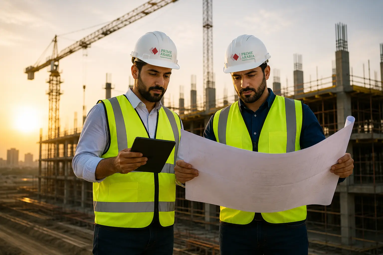 Prime Arabia construction engineers reviewing project plans at a construction site in Saudi Arabia