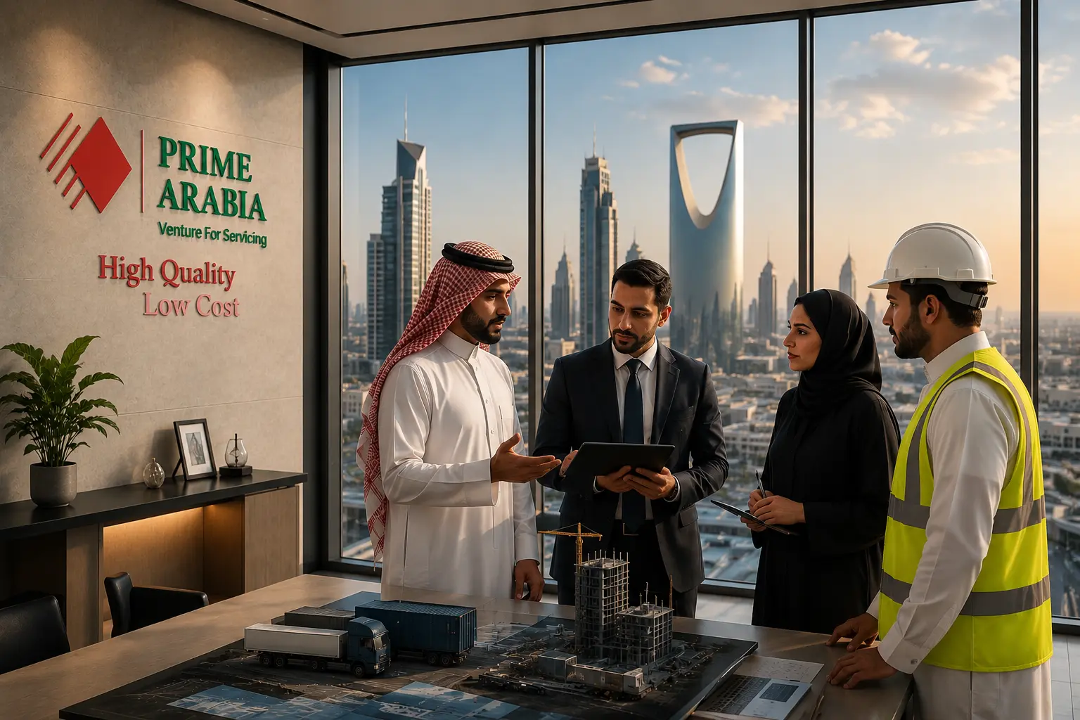 Prime Arabia company overview showcasing business solutions, construction, workforce, transport, and import export services in Saudi Arabia