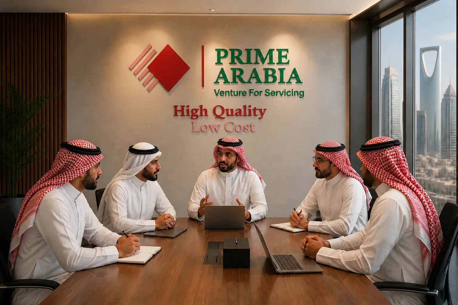 Business solutions team meeting in Saudi Arabia showcasing Prime Arabia corporate consulting and professional services
