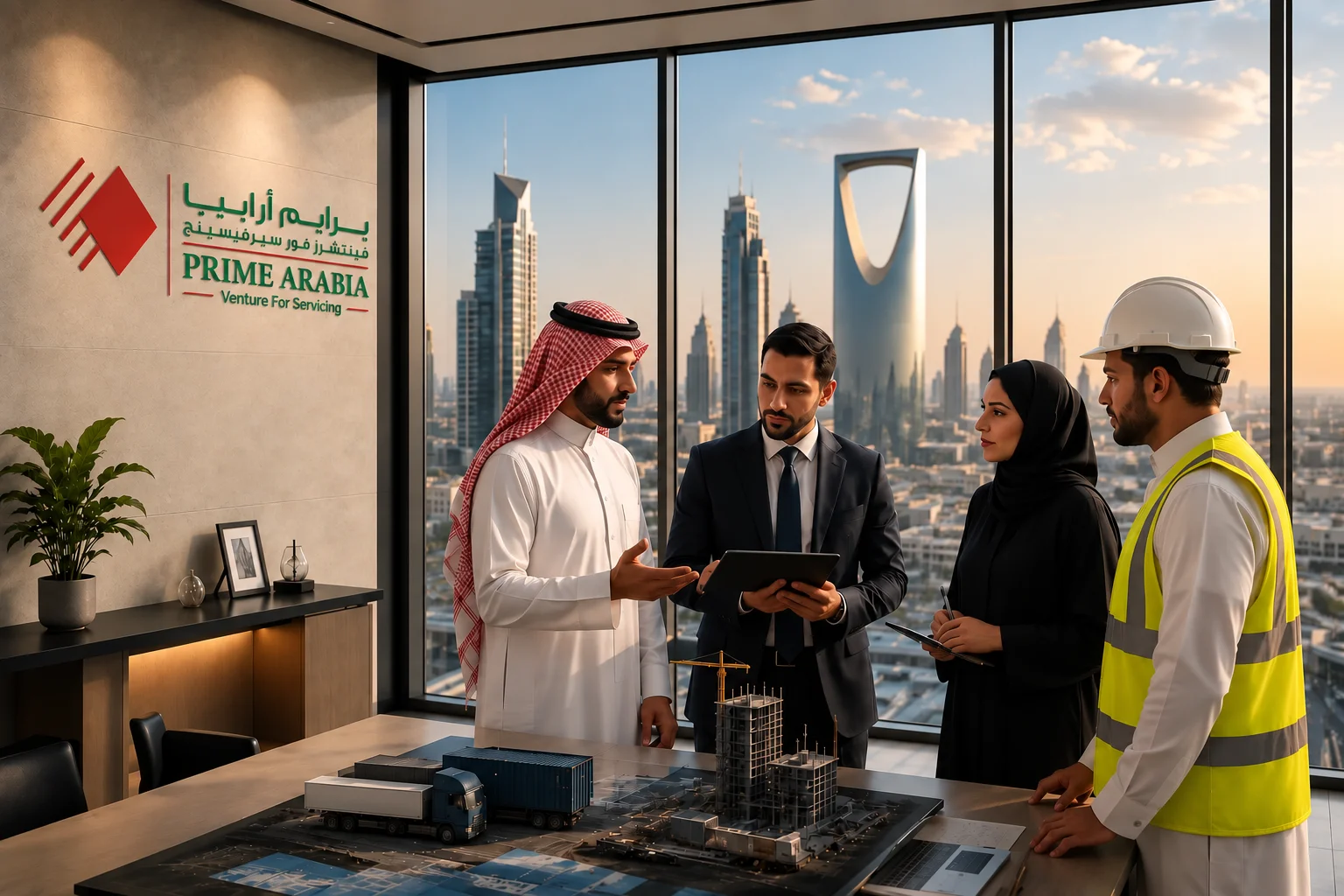Prime Arabia company overview showcasing business solutions, construction, workforce, transport, import export, graphic design, and IT services in Saudi Arabia