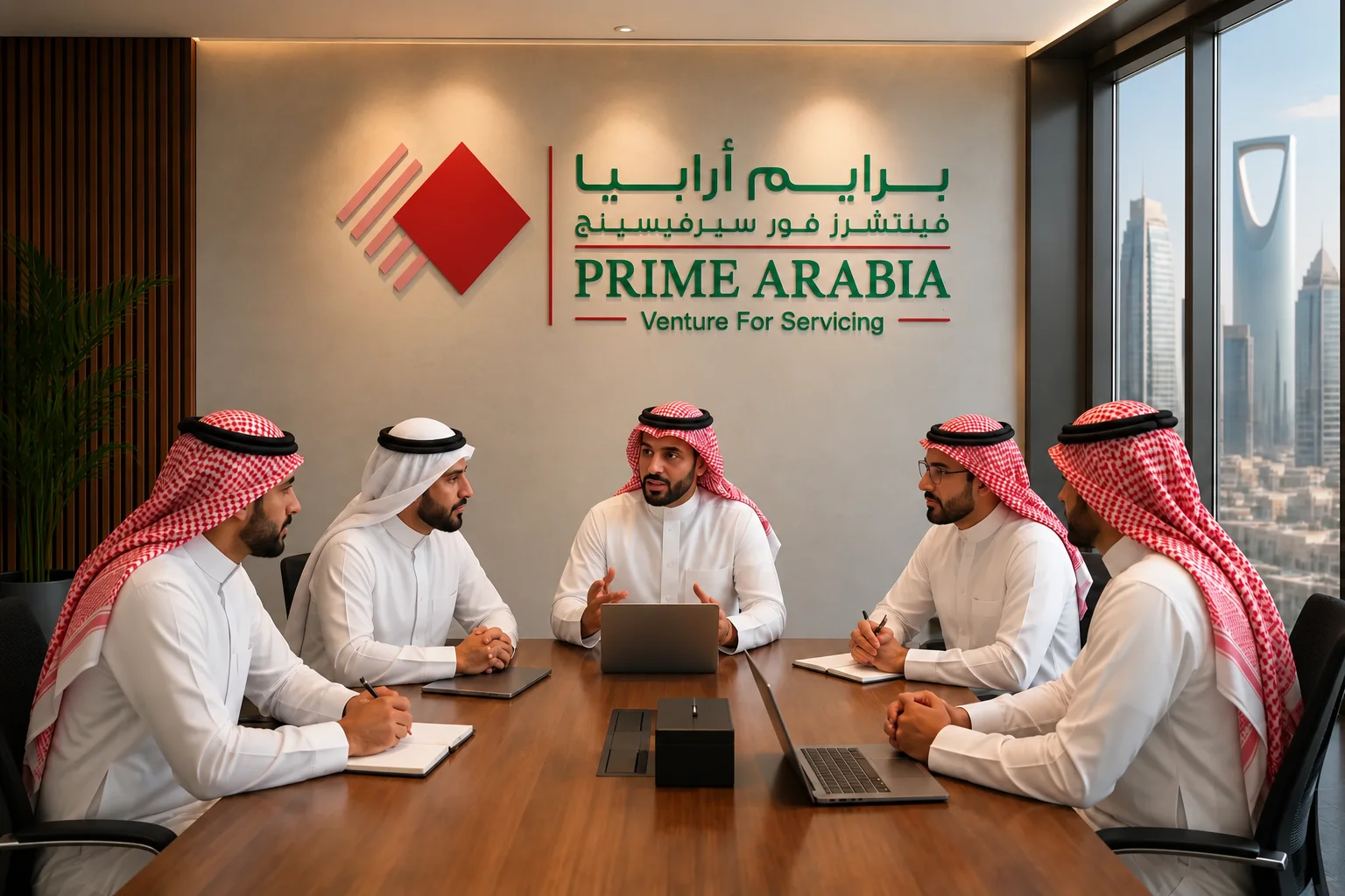 Business solutions team meeting in Saudi Arabia showcasing Prime Arabia corporate consulting and professional services