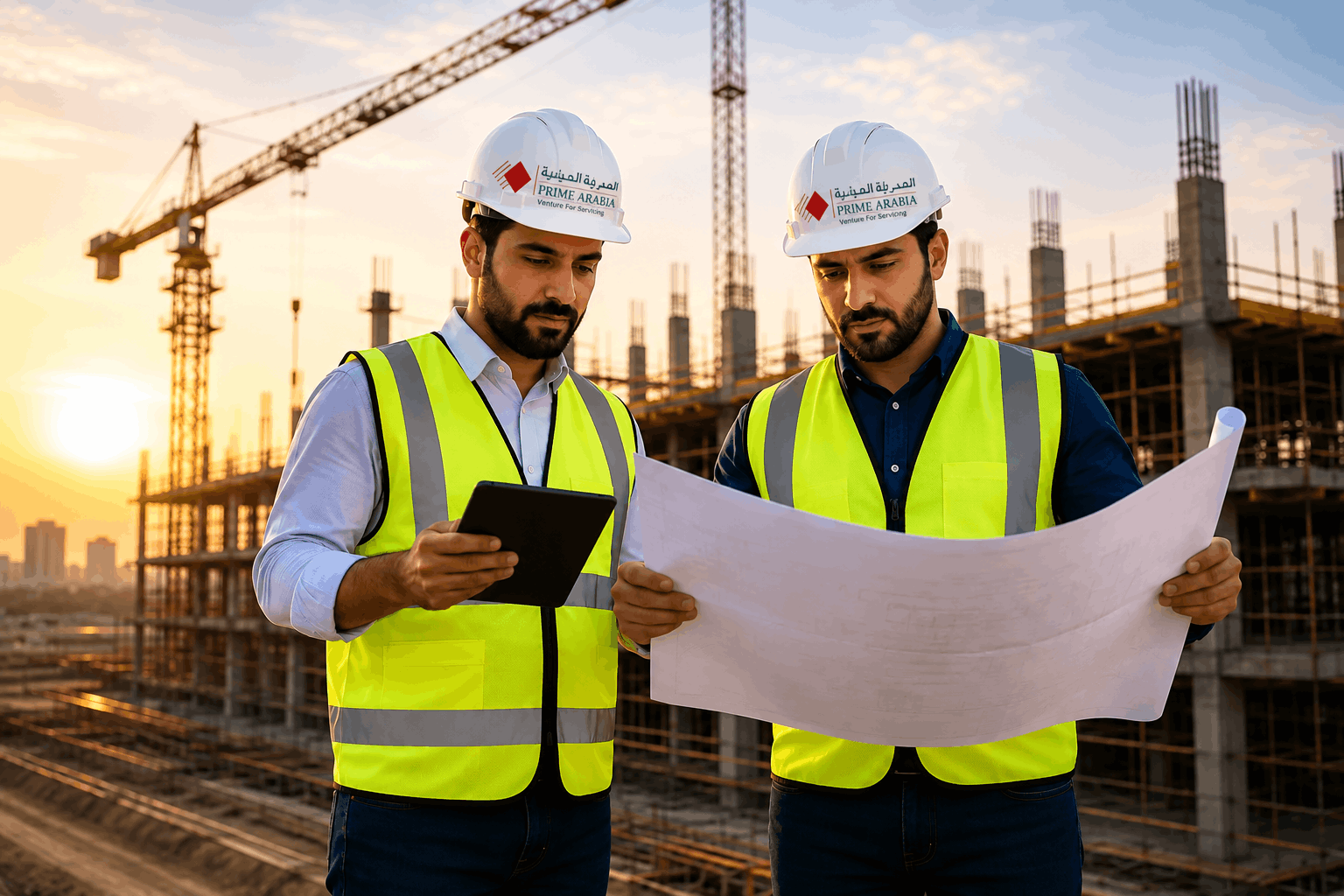 Prime Arabia construction engineers reviewing project plans at a construction site in Saudi Arabia